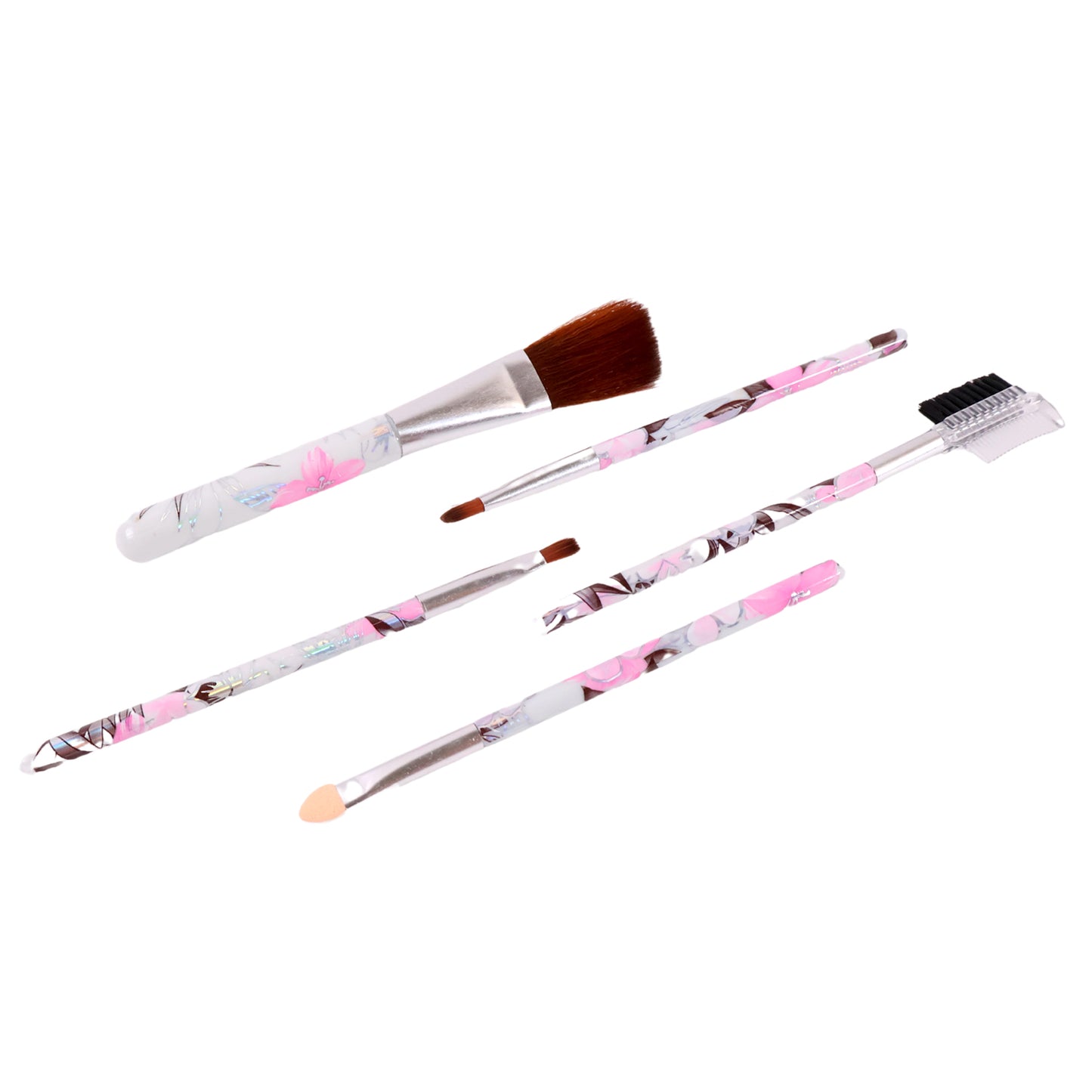 Wukusy floral makeup brush set with five brushes for eyes, lips, and face, featuring colorful floral design and soft bristles.