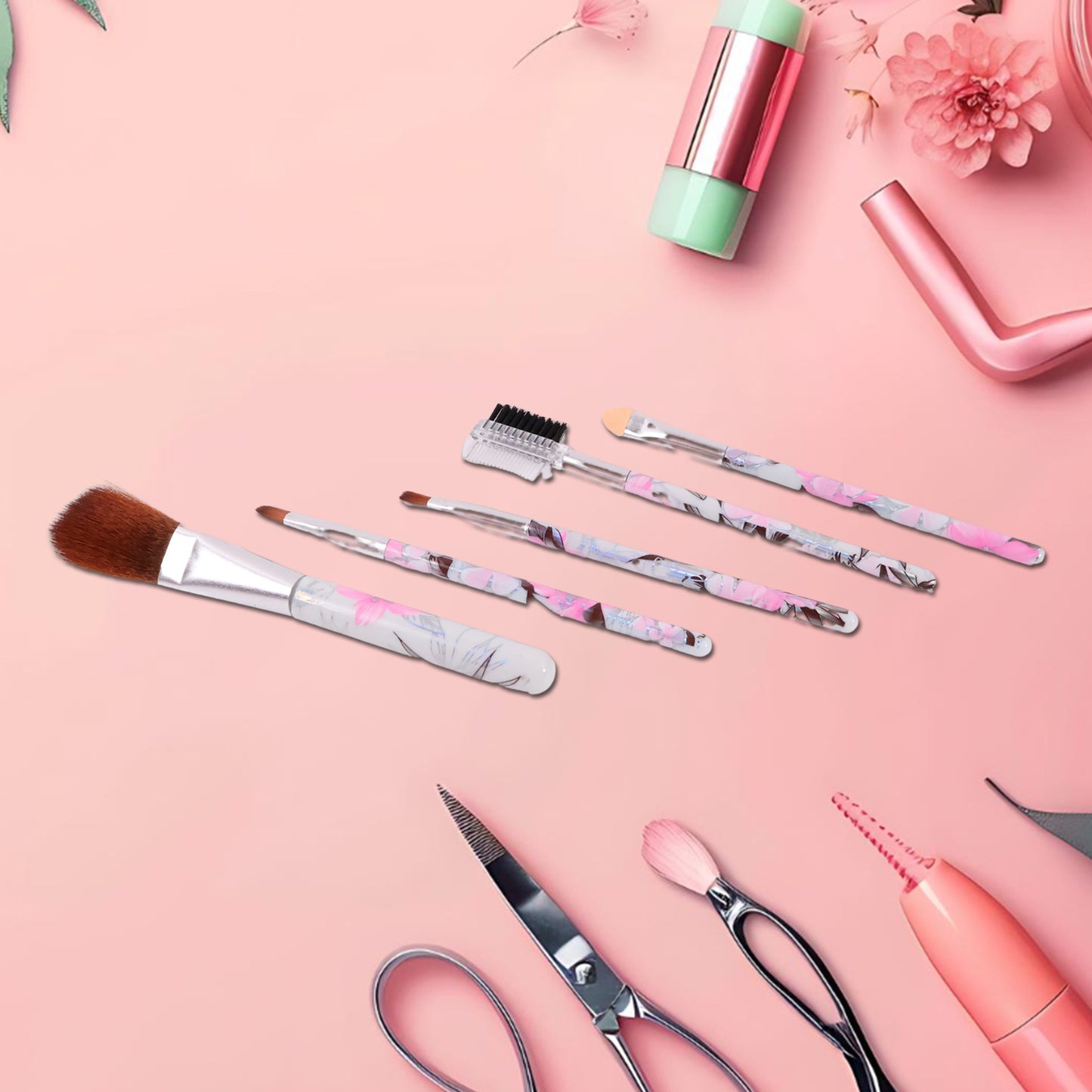 Wukusy floral makeup brush set with 5 brushes for eyes, lips, and face, featuring colorful floral design and soft bristles.