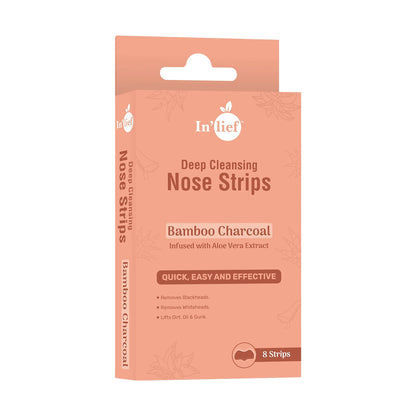 Wukusy Inlief Bamboo Charcoal Deep Cleansing Nose Strips, 8-pack, showing strips with bamboo charcoal for pore cleansing.