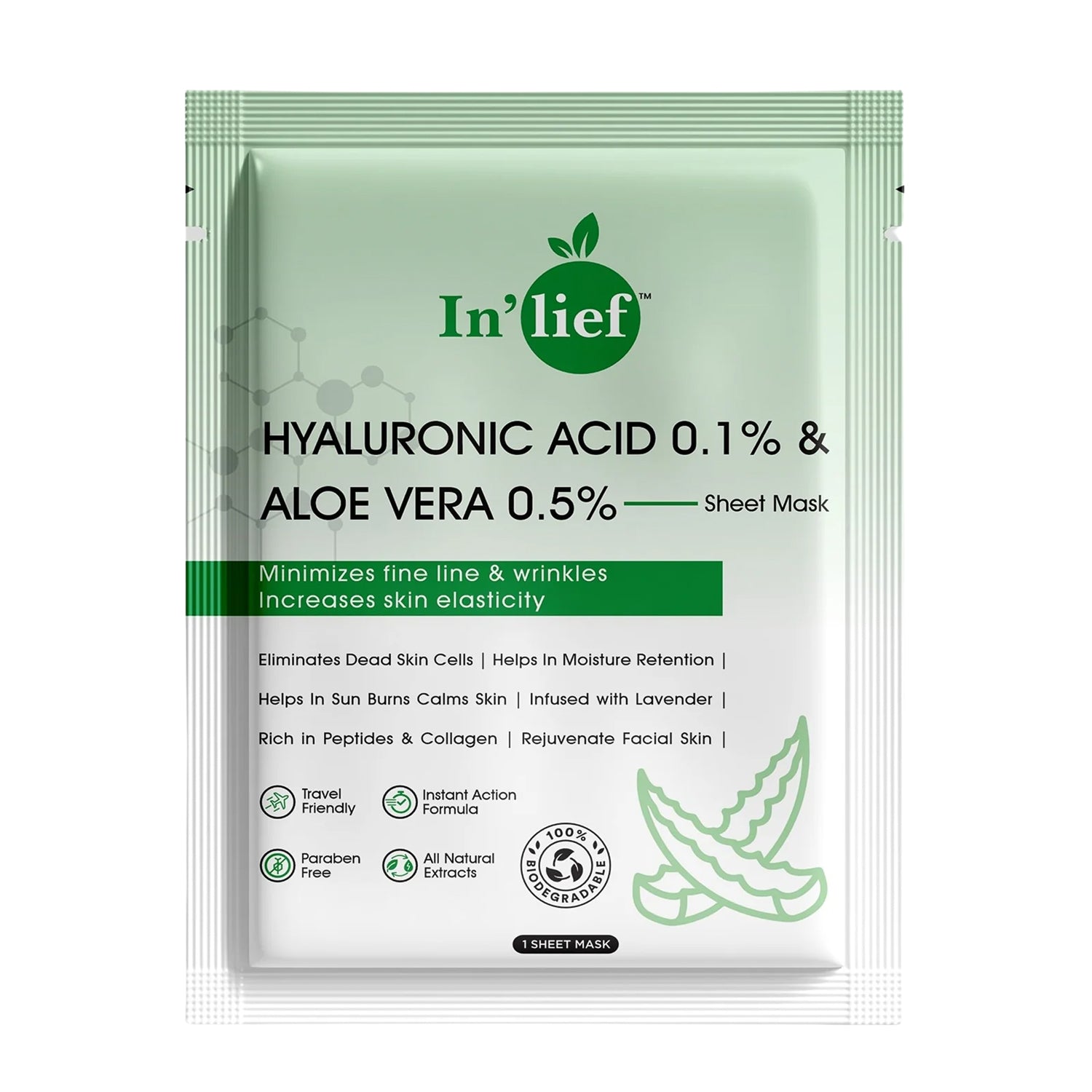 Wukusy Inlief Hydrating Facial Mask with hyaluronic acid and aloe vera for moisturizing skin, displayed in a single package.