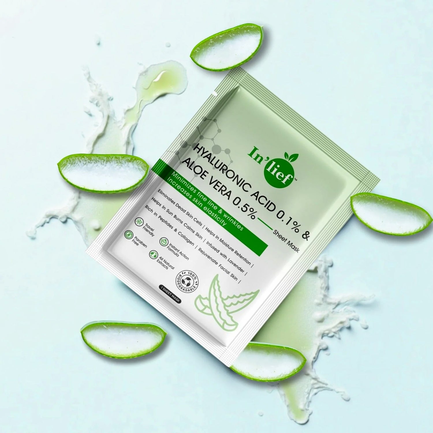 Wukusy Inlief Hydrating Facial Mask with hyaluronic acid 0.1% and aloe vera 0.5%, showing the mask's soothing and moisturizing design.
