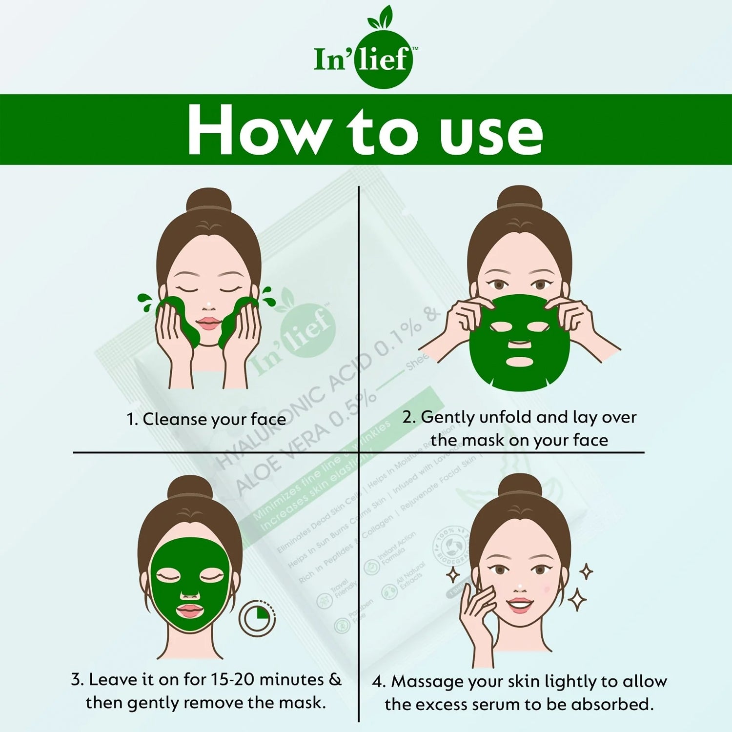 Wukusy Inlief Hydrating Facial Mask with hyaluronic acid 0.1% and aloe vera 0.5%, showing the mask sheet ready for skincare.