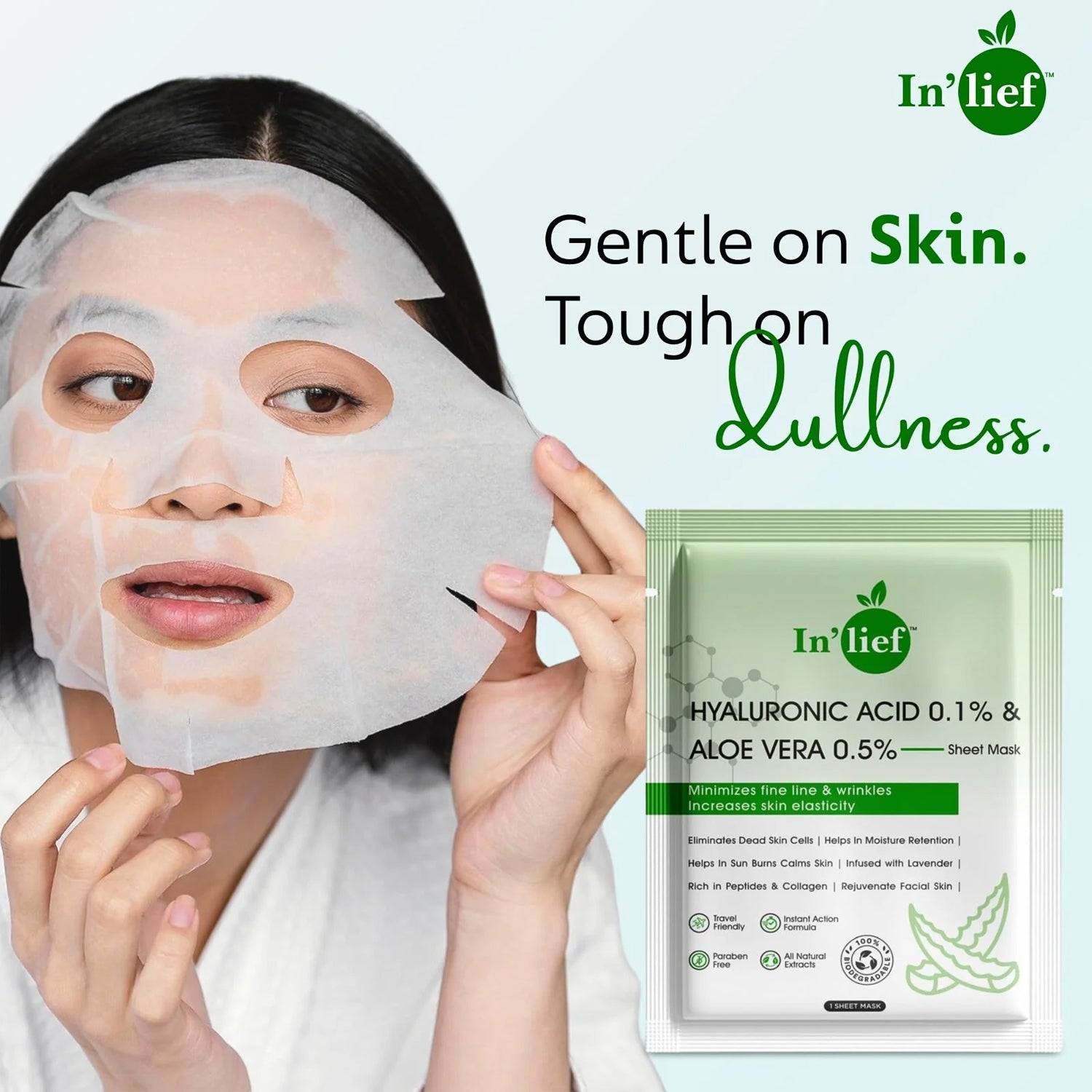 Wukusy Inlief Hydrating Facial Mask with hyaluronic acid 0.1% and aloe vera 0.5% for skin hydration, in a single sheet mask.
