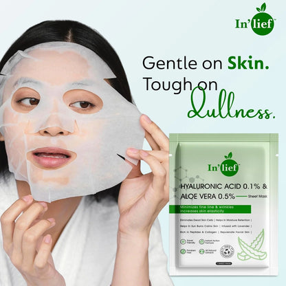 Wukusy Inlief Hydrating Facial Mask with hyaluronic acid 0.1% and aloe vera 0.5% for skin hydration, in a single sheet mask.