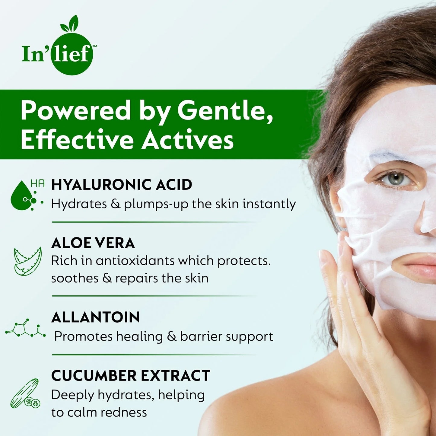 Wukusy Inlief Hydrating Facial Mask with hyaluronic acid 0.1% and aloe vera 0.5% for soothing, moisturizing skin care.