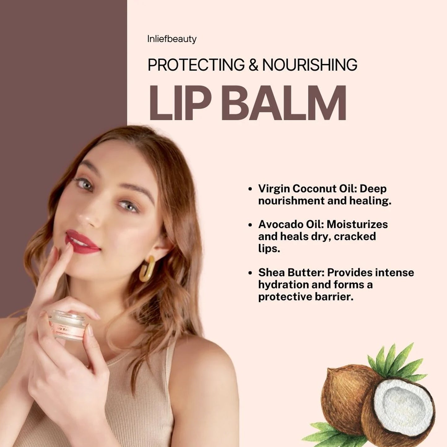 Wukusy Inlief Moisturizing Nourishing Lip Balm in a 15g container, showing the smooth balm and sleek packaging.