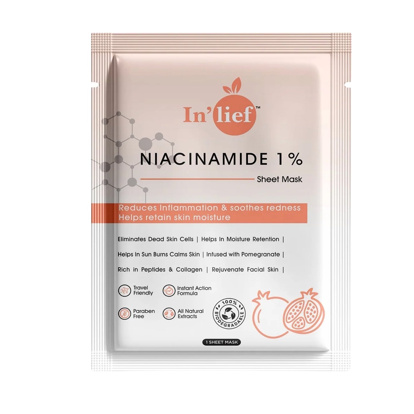 Wukusy Inlief Niacinamide 1 hydrating and calming facial sheet mask, showing a soothing mask soaked in serum.