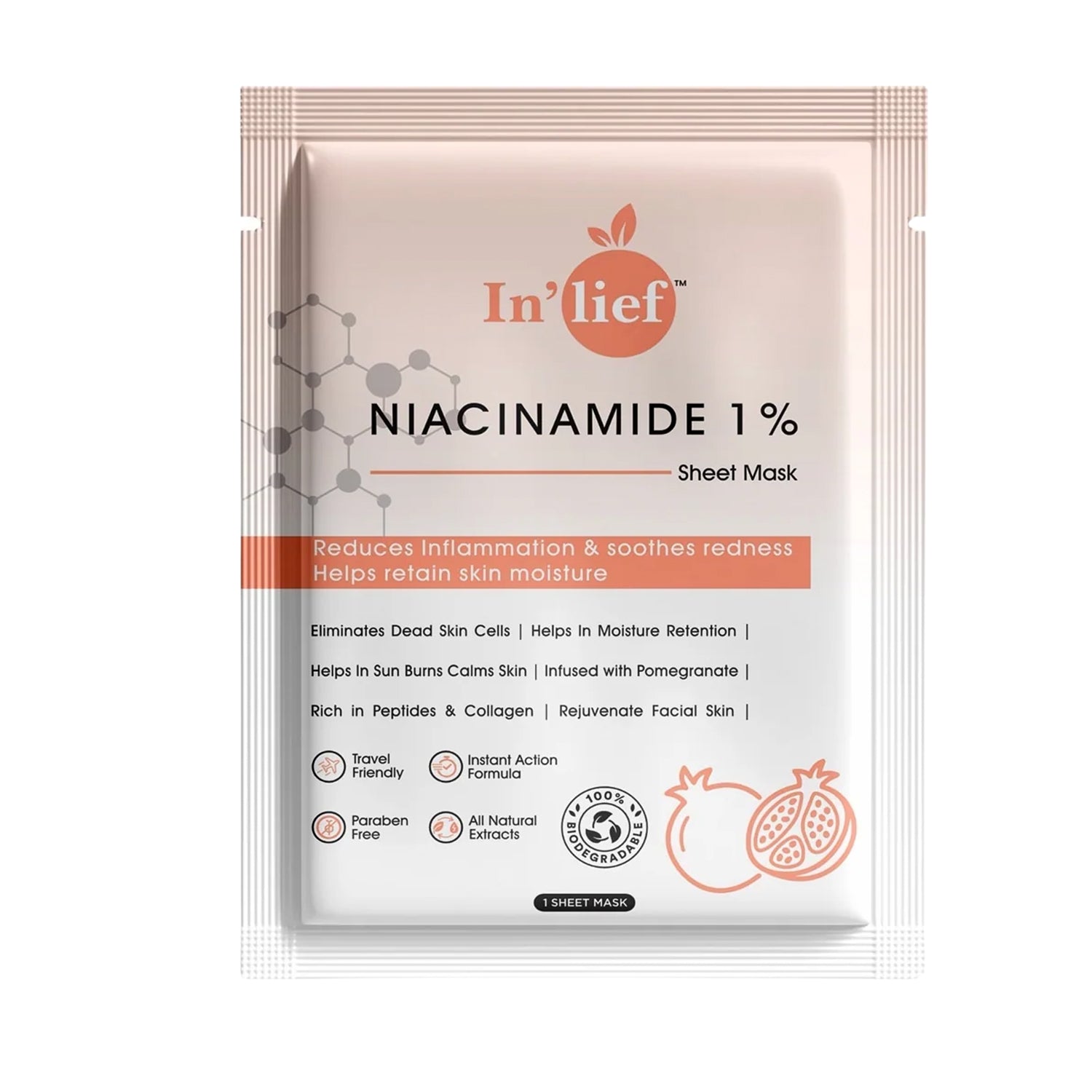 Wukusy Inlief Niacinamide 1 hydrating and calming facial sheet mask, showing a soothing mask soaked in serum.
