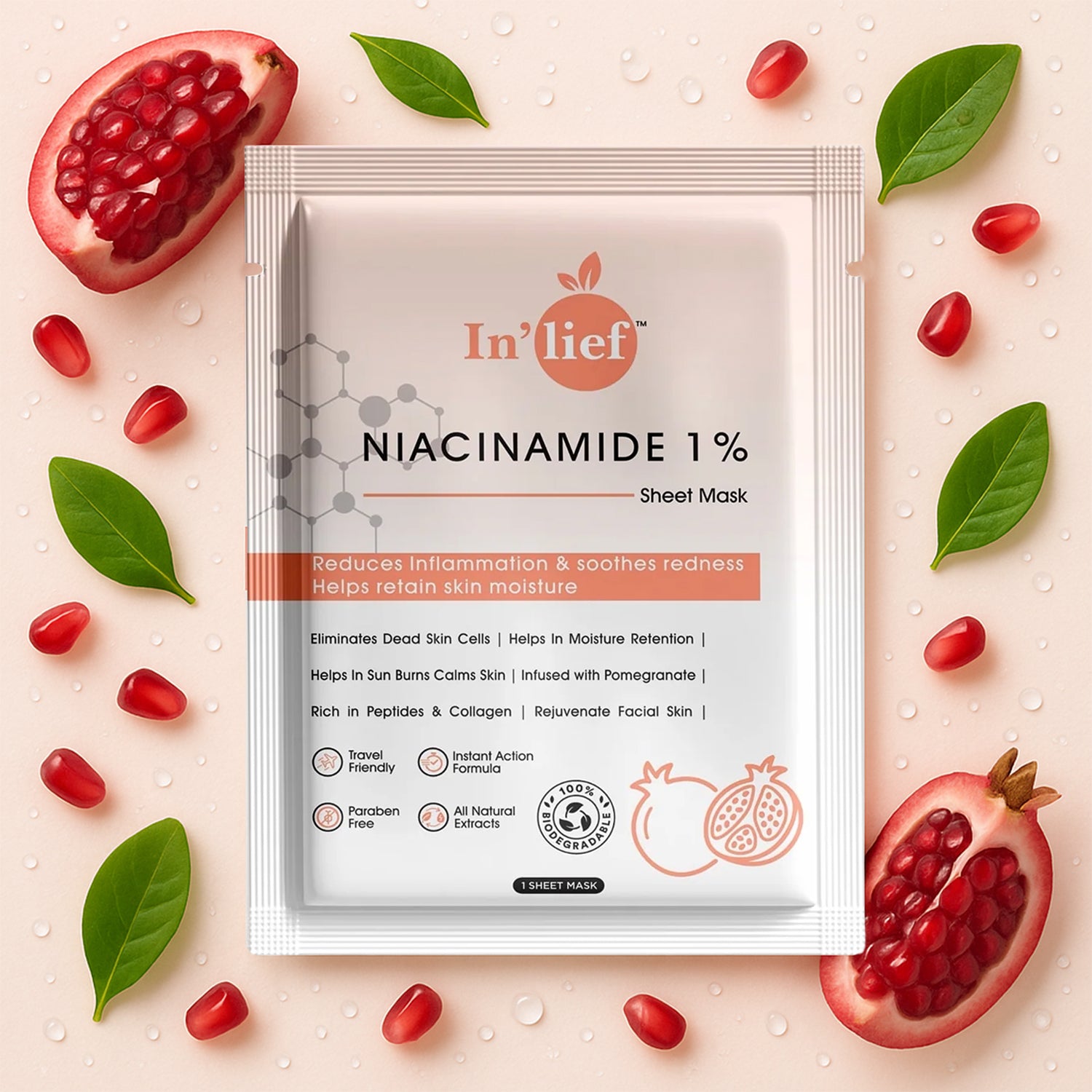 Wukusy Inlief Niacinamide 1 hydrating and calming facial sheet mask, showing the sheet mask soaked in serum.