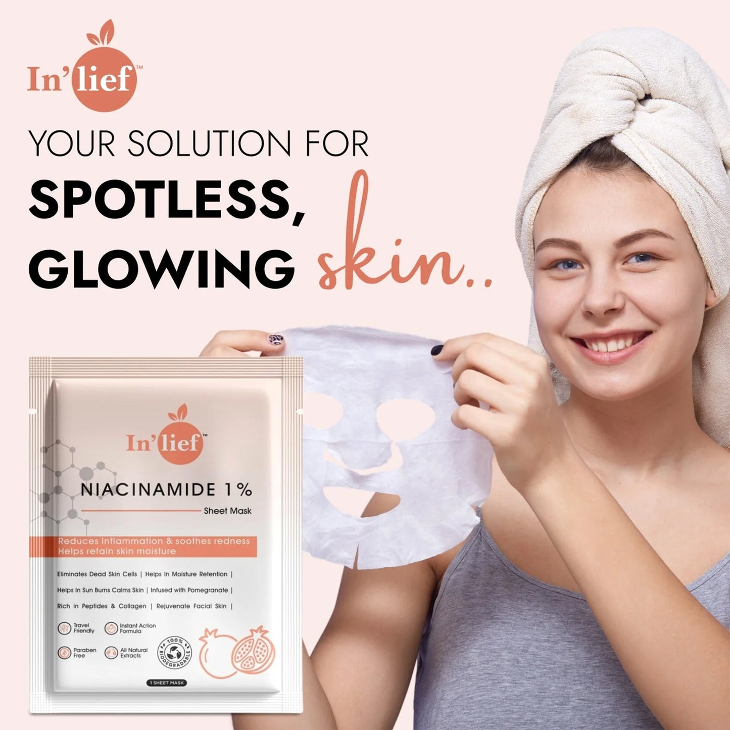 Wukusy Inlief Niacinamide 1 Hydrating Calming Facial Sheet Mask, single sheet with soothing ingredients for skin hydration