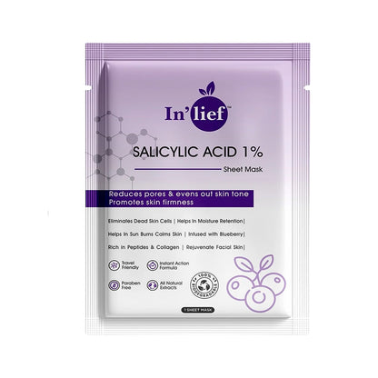Wukusy Inlief Salicylic Acid Clarifying Facial Sheet Mask for pore refinement, shown on a clean, skincare-ready face.