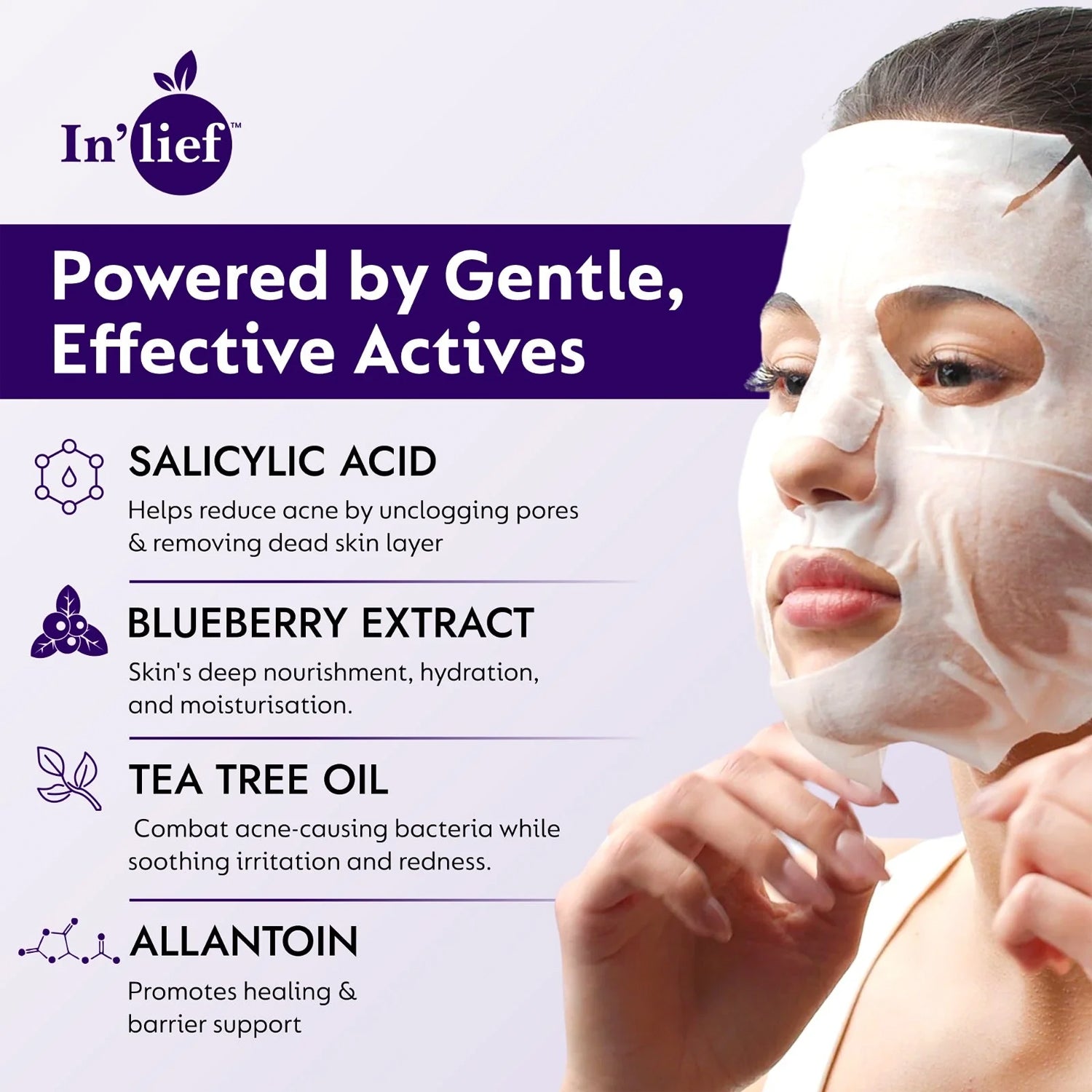 Wukusy Inlief Salicylic Acid 1 Clarifying Pore-Refining Facial Sheet Mask, white sheet mask on a clean face for clearer skin