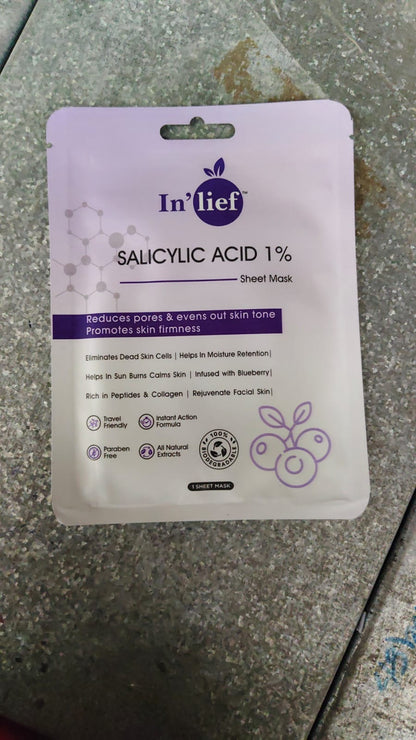 Wukusy Inlief Salicylic Acid 1 Clarifying Pore-Refining Facial Sheet Mask on a white background, skin care treatment for clearer pores.