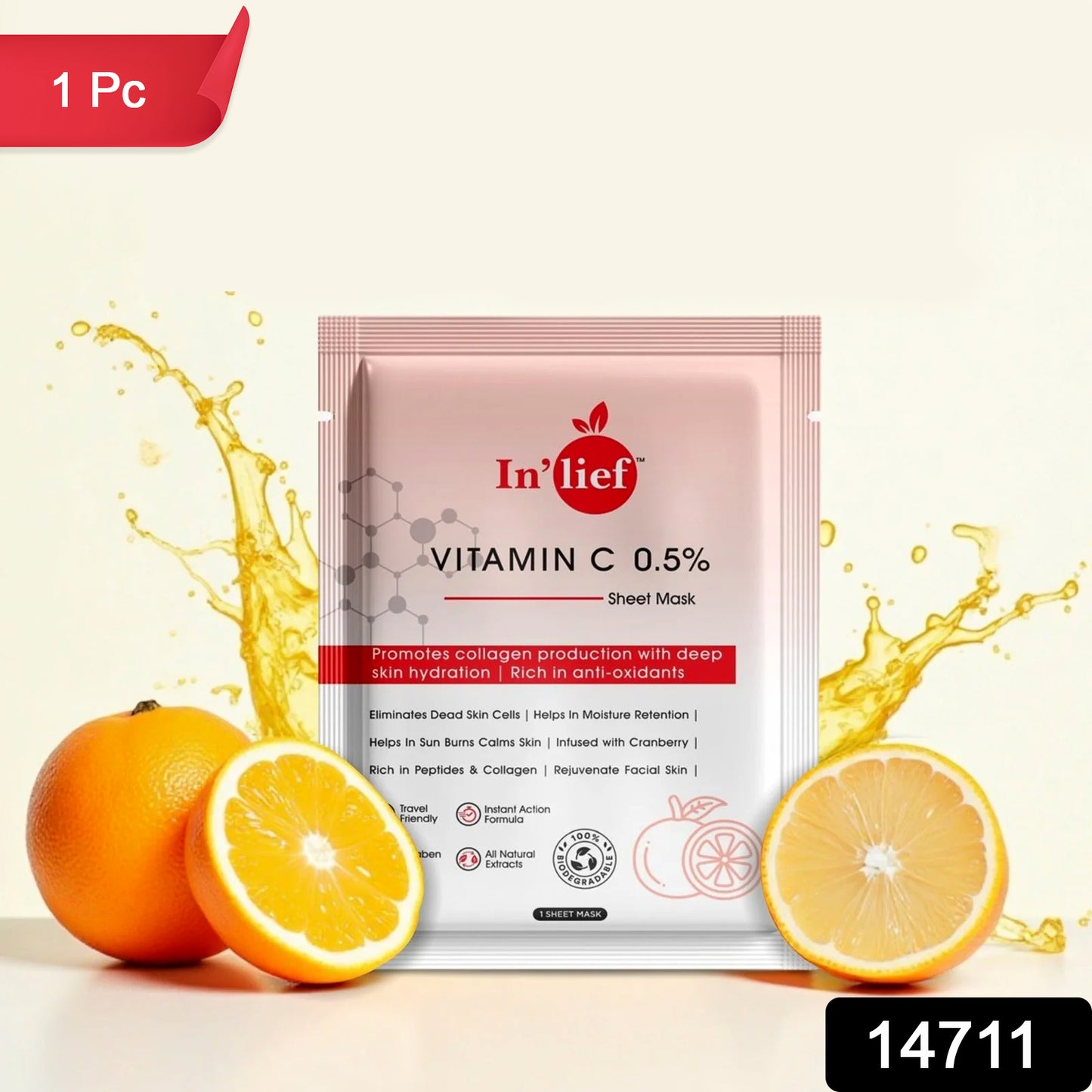 Wukusy Inlief Vitamin C 0.5 hydrating and brightening facial sheet mask, showing the mask soaked in serum on a white background.