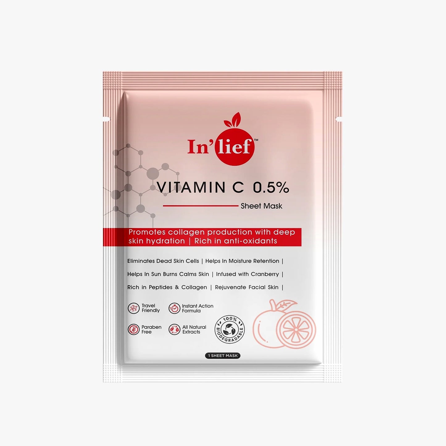 Wukusy Inlief Vitamin C 0.5 hydrating and brightening facial sheet mask, showing the mask soaked in serum in a sealed package.