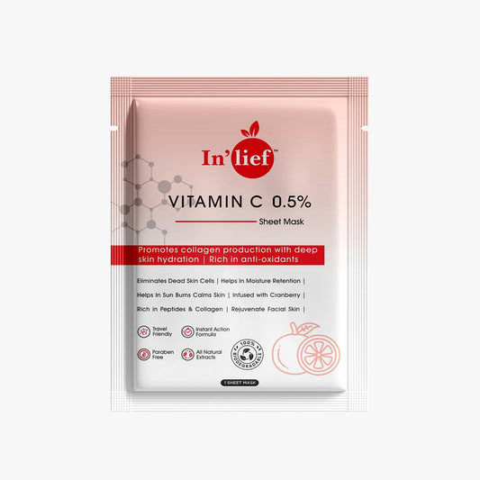 Wukusy Inlief Vitamin C 0.5 hydrating and brightening facial sheet mask, showing the mask soaked in serum in a sealed package.