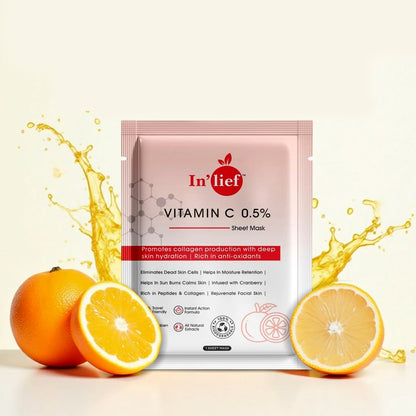 Wukusy Inlief Vitamin C 0.5 Hydrating Brightening Facial Sheet Mask, a single sheet mask for skincare benefits.