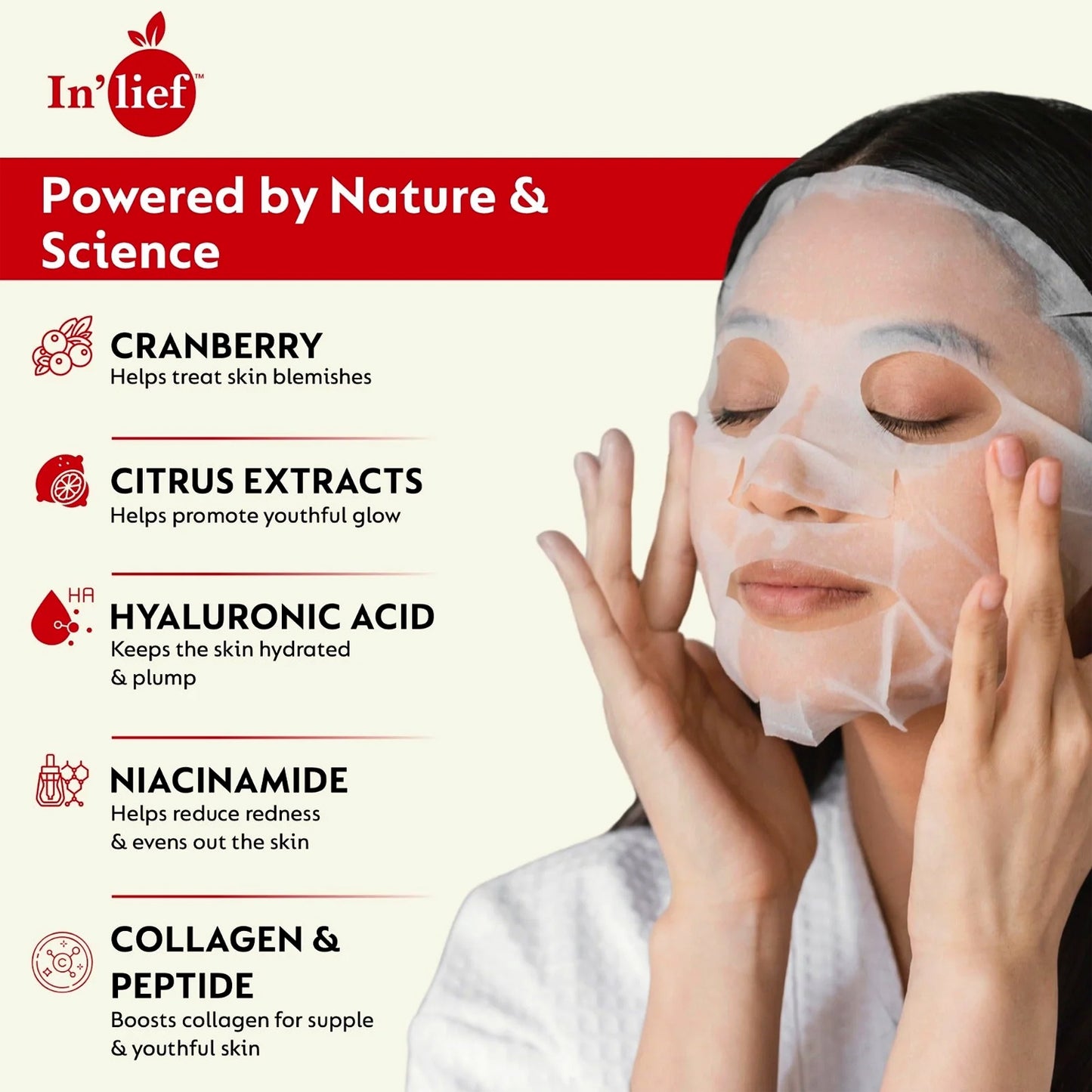 Wukusy Inlief Vitamin C 0.5 hydrating and brightening facial sheet mask, showing the mask sheet with vitamin C ingredients.