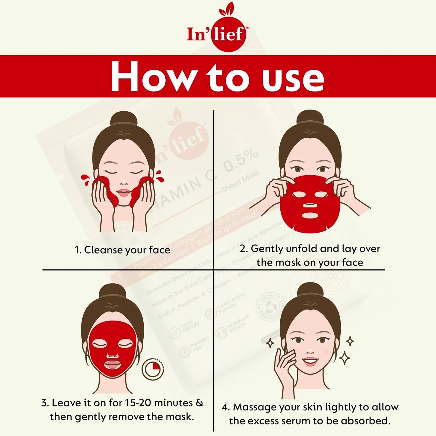 Wukusy Inlief Vitamin C 0.5 hydrating and brightening facial sheet mask, showing a white sheet mask on a skincare model.