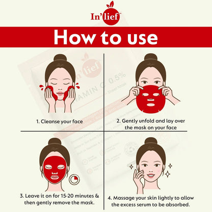 Wukusy Inlief Vitamin C 0.5 hydrating and brightening facial sheet mask, showing a white sheet mask on a skincare model.