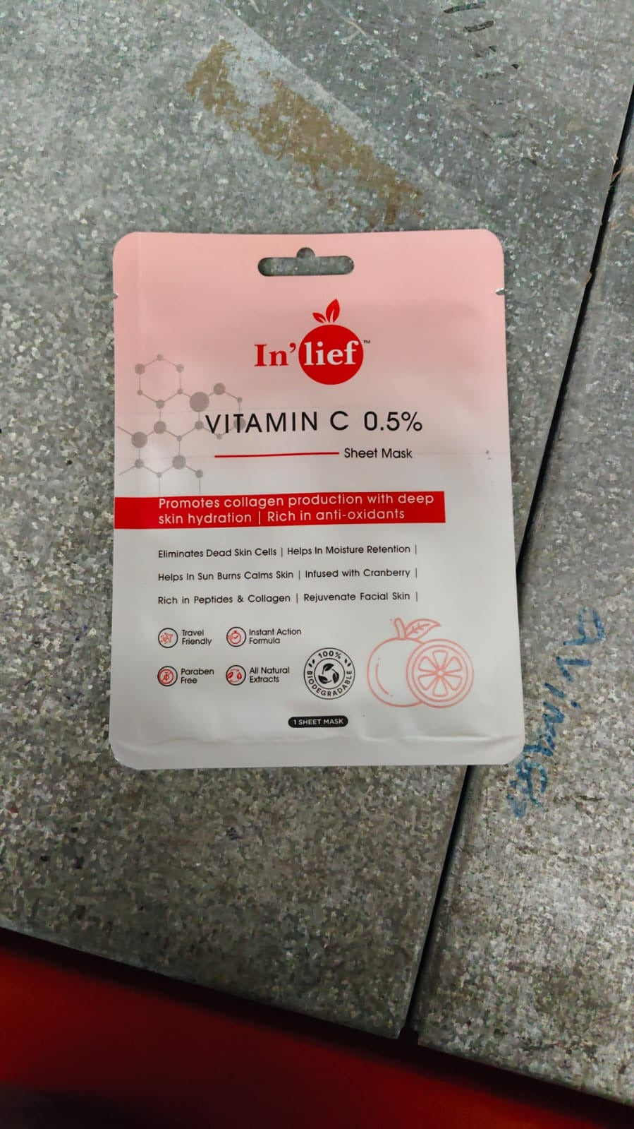 Wukusy Inlief Vitamin C 0.5 Hydrating Brightening Facial Sheet Mask, shown on a clean, white background.