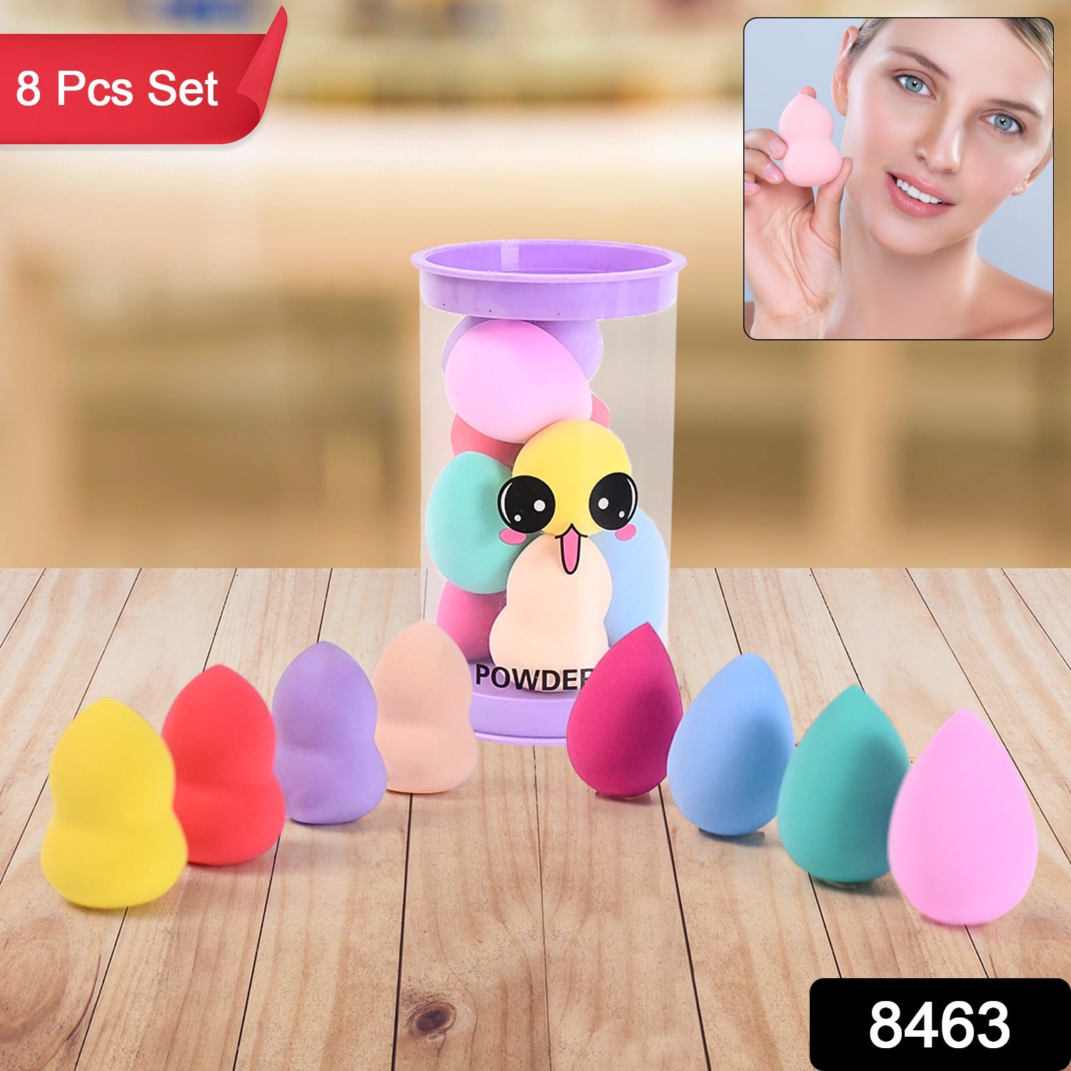 Set of 8 Wukusy makeup beauty powder puffs with colorful cases for smooth, even application of face powders.
