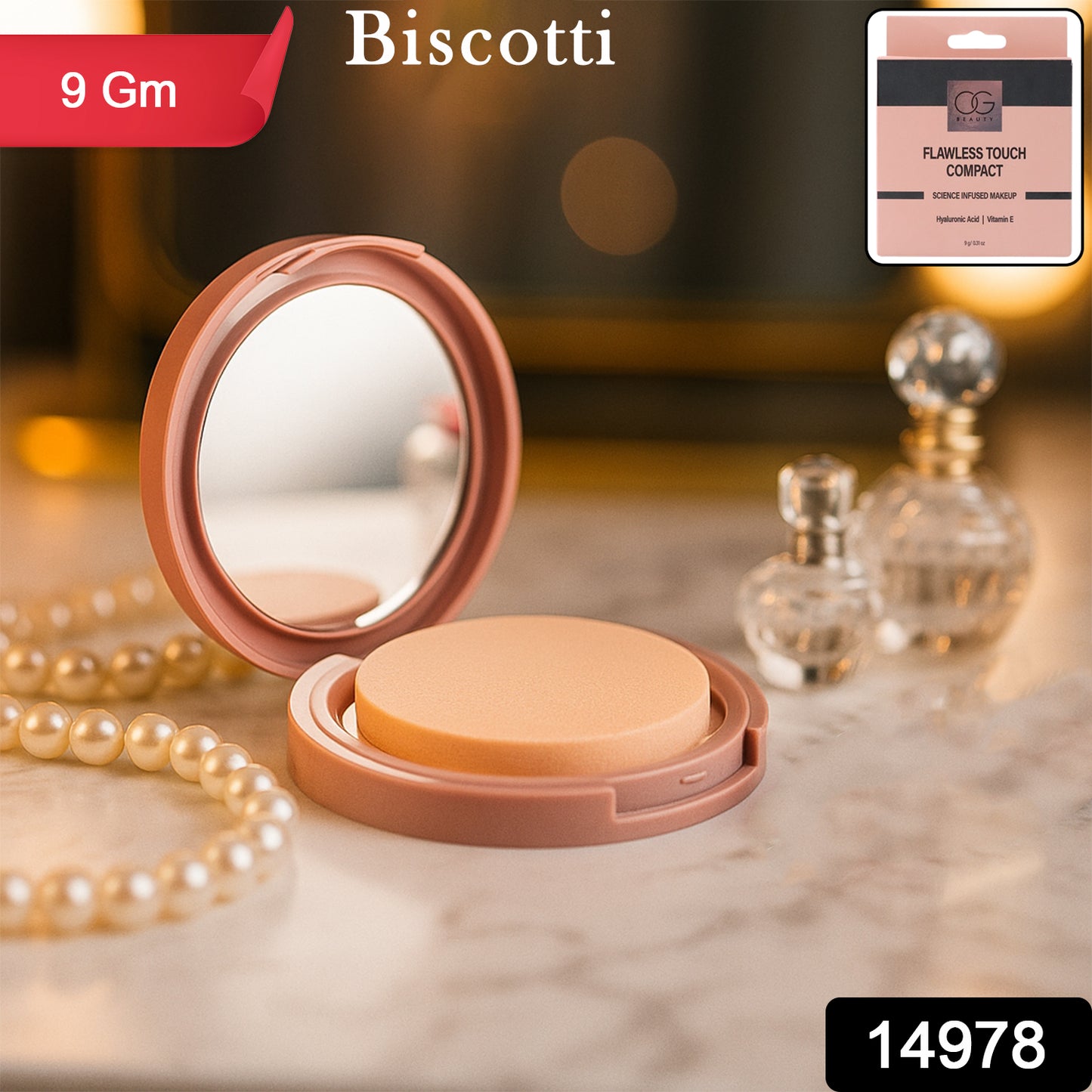 Wukusy Og Beauty Biscotti Flawless Touch Compact Powder in 9g, featuring a sleek, portable design for a smooth, flawless finish.
