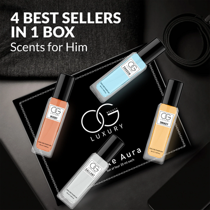 Wukusy Og Beauty luxury perfume gift set with four 20ml bottles, elegant health and beauty product display.
