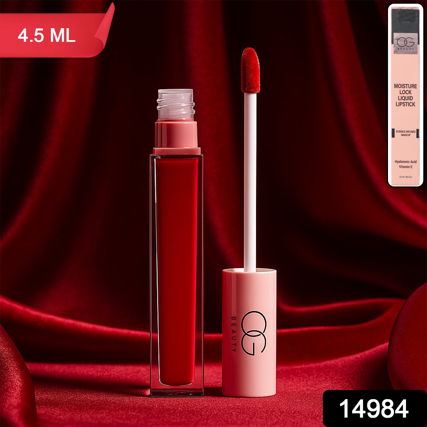 Wukusy OG Beauty Red Rush Moisture Lock Liquid Lipstick in 4.5ml, showcasing vibrant red shade and sleek packaging.