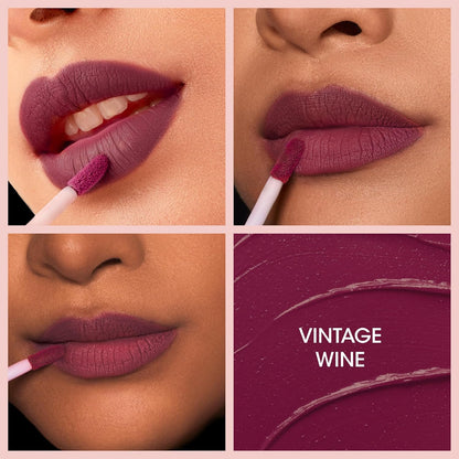 Wukusy OG Beauty Vintage Wine Moisture Lock Liquid Lipstick in 4.5ml, featuring deep wine shade and smooth application.