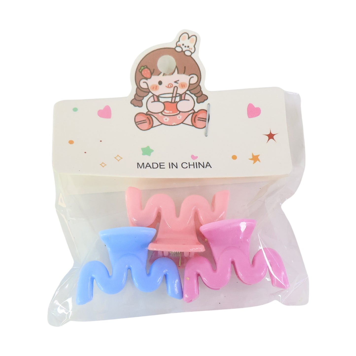 Set of three colorful plastic small hair clips for girls and kids, Wukusy hair accessories, with mixed color designs.