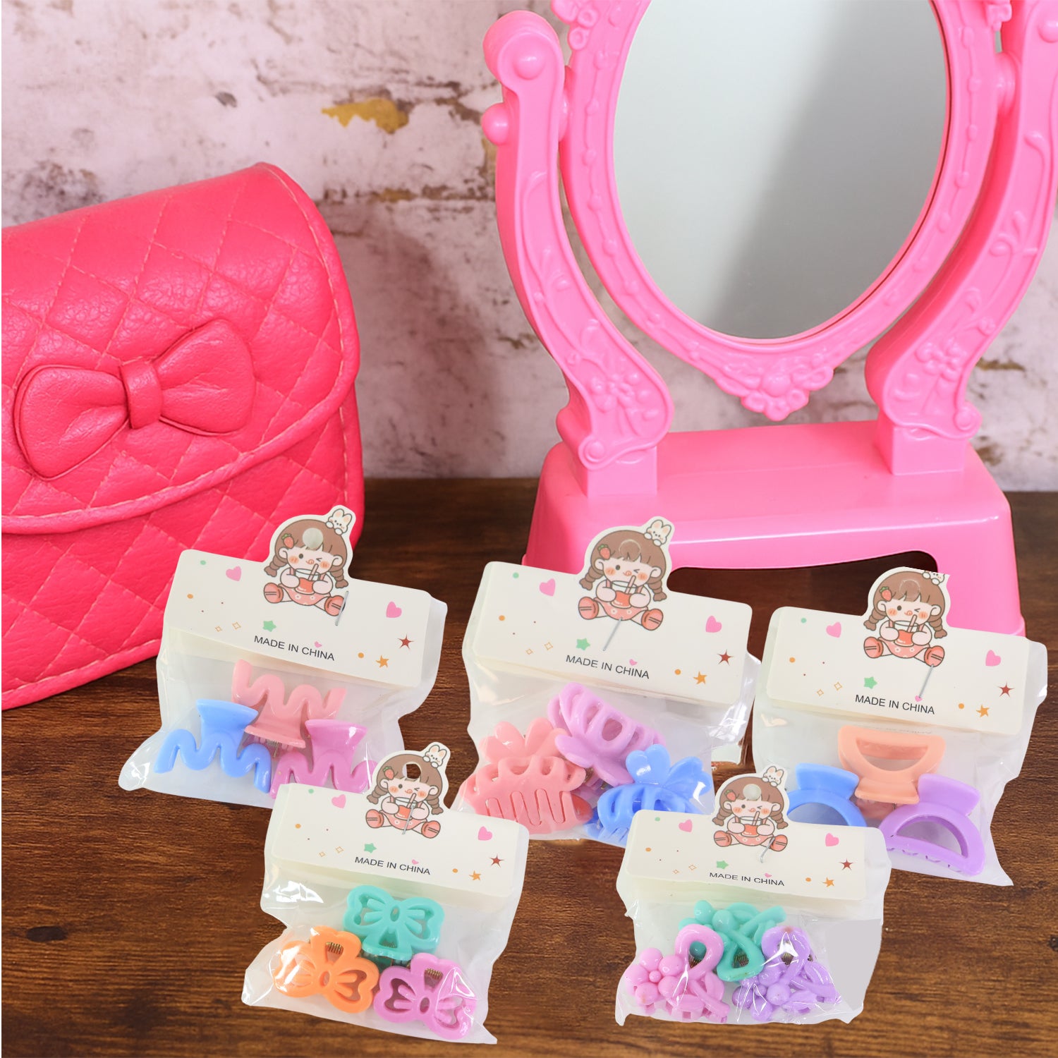 Set of three colorful plastic small hair clips for girls and kids, Wukusy hair accessories, assorted designs and vibrant colors.