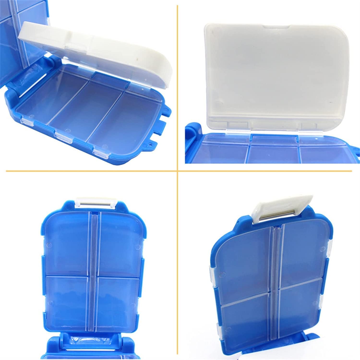 Blue Wukusy portable dual-sided pill organizer box for storing daily vitamins and medication, compact and travel-friendly.