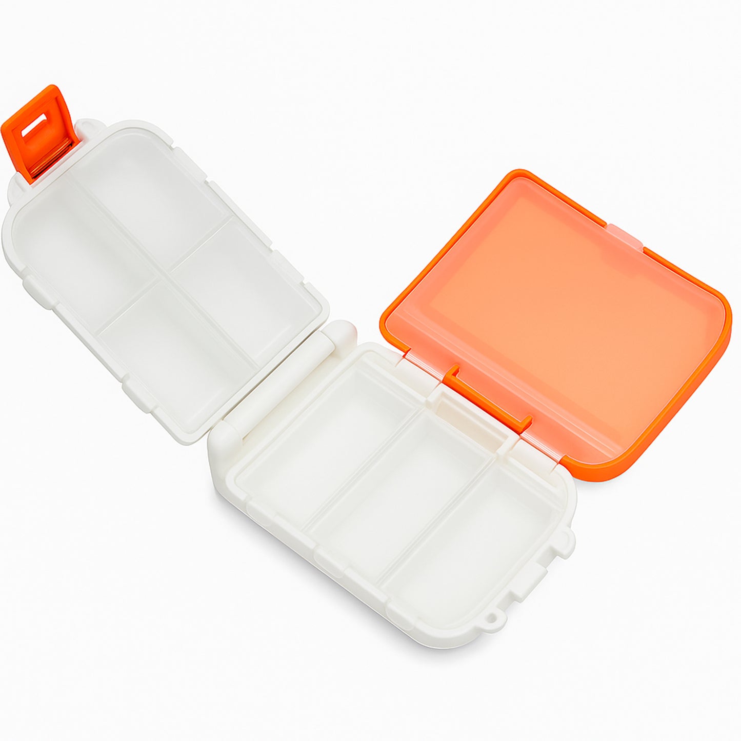 Portable orange dual-sided pill organizer box by Wukusy, compact and convenient for daily medication storage.