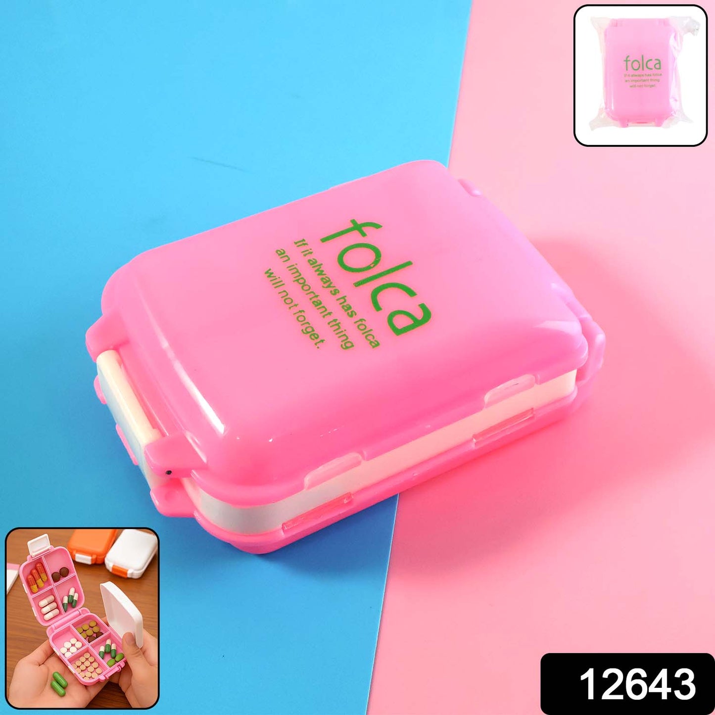 Pink dual-sided portable pill organizer box by Wukusy, compact health and beauty storage for pills and supplements.