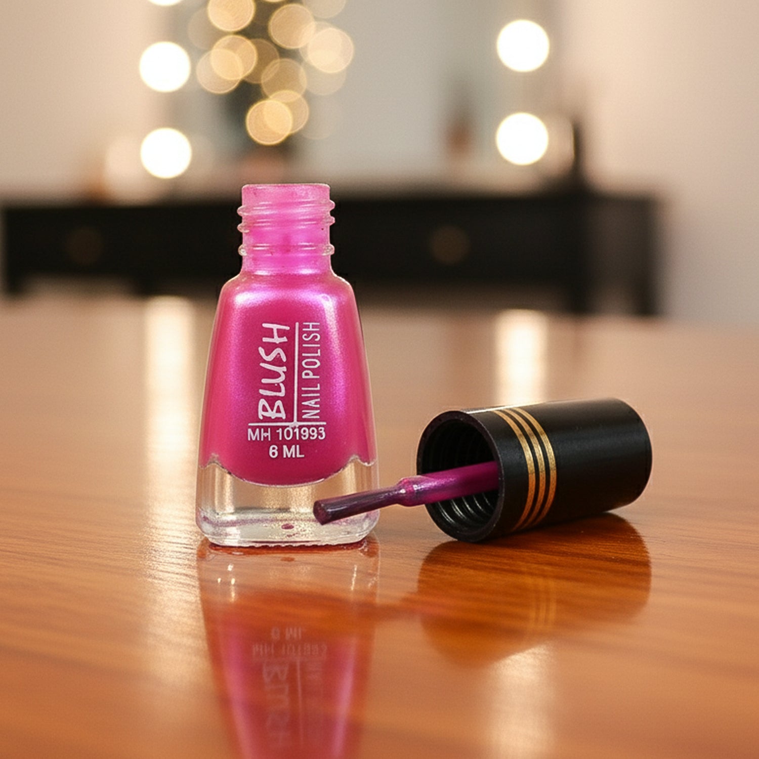 Wukusy Premium Blush Nail Polish in a mix of colors, 6 ml bottle, showcasing glossy, vibrant finish in a health and beauty setting.
