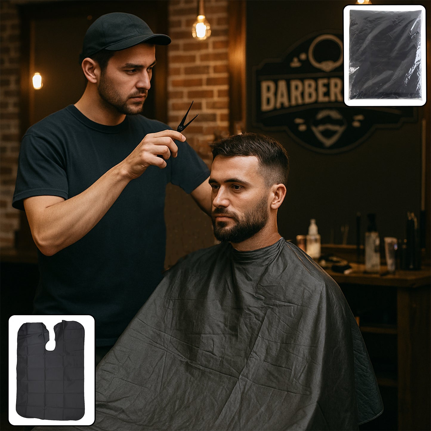 Wukusy professional hair cutting cape for salon and home use, black waterproof cape with adjustable neck closure for hair styling.