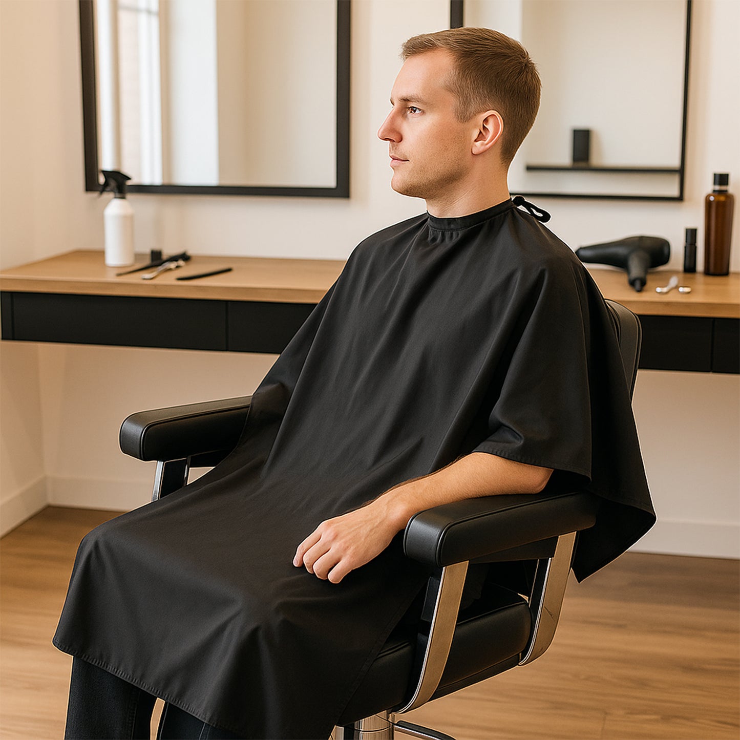 Wukusy professional hair cutting cape for salon and home use, black waterproof fabric with adjustable neck closure.