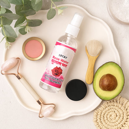 Wukusy Rose Water Spray for Face, 100ml, hydrating skin and refreshing complexion in a clear spray bottle.
