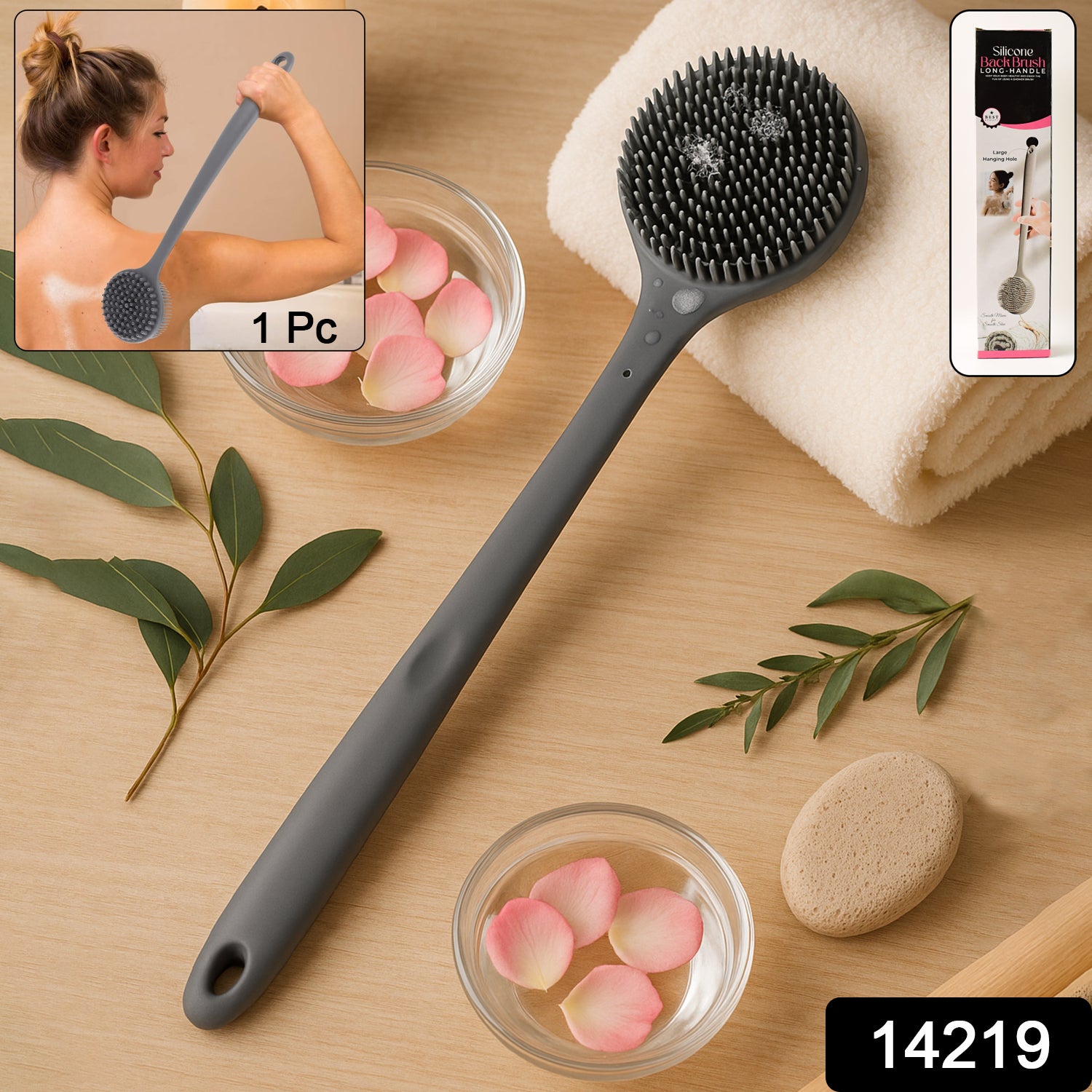 Wukusy silicone back scrubber brush with long handle for easy back cleaning in health and beauty care.