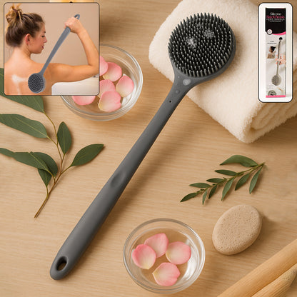 Wukusy silicone back scrubber brush with long handle for easy exfoliation and skin cleansing in health and beauty routines.