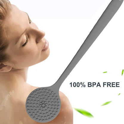 Wukusy silicone back scrubber brush with long handle for exfoliating and cleansing skin during health and beauty routines.