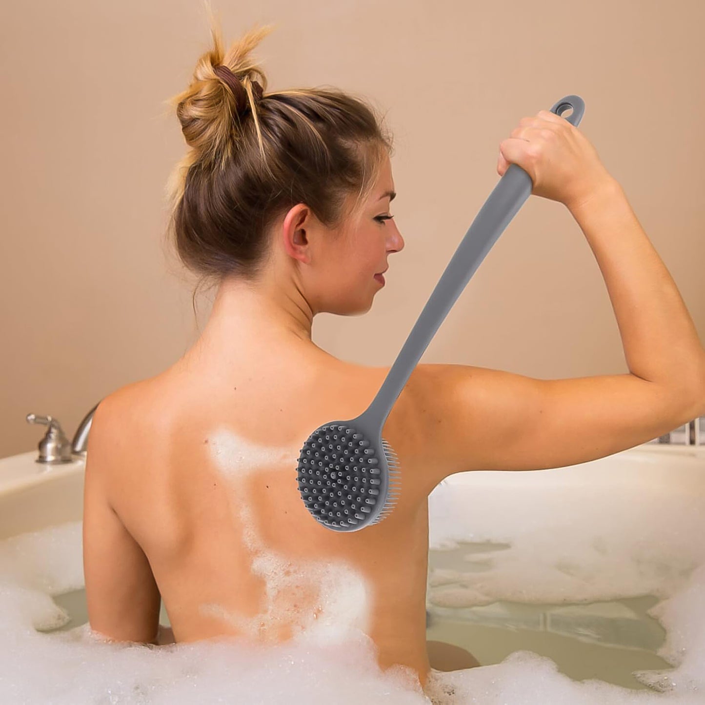 Wukusy silicone back scrubber brush with long handle for easy, effective skin cleansing and exfoliation in health and beauty.