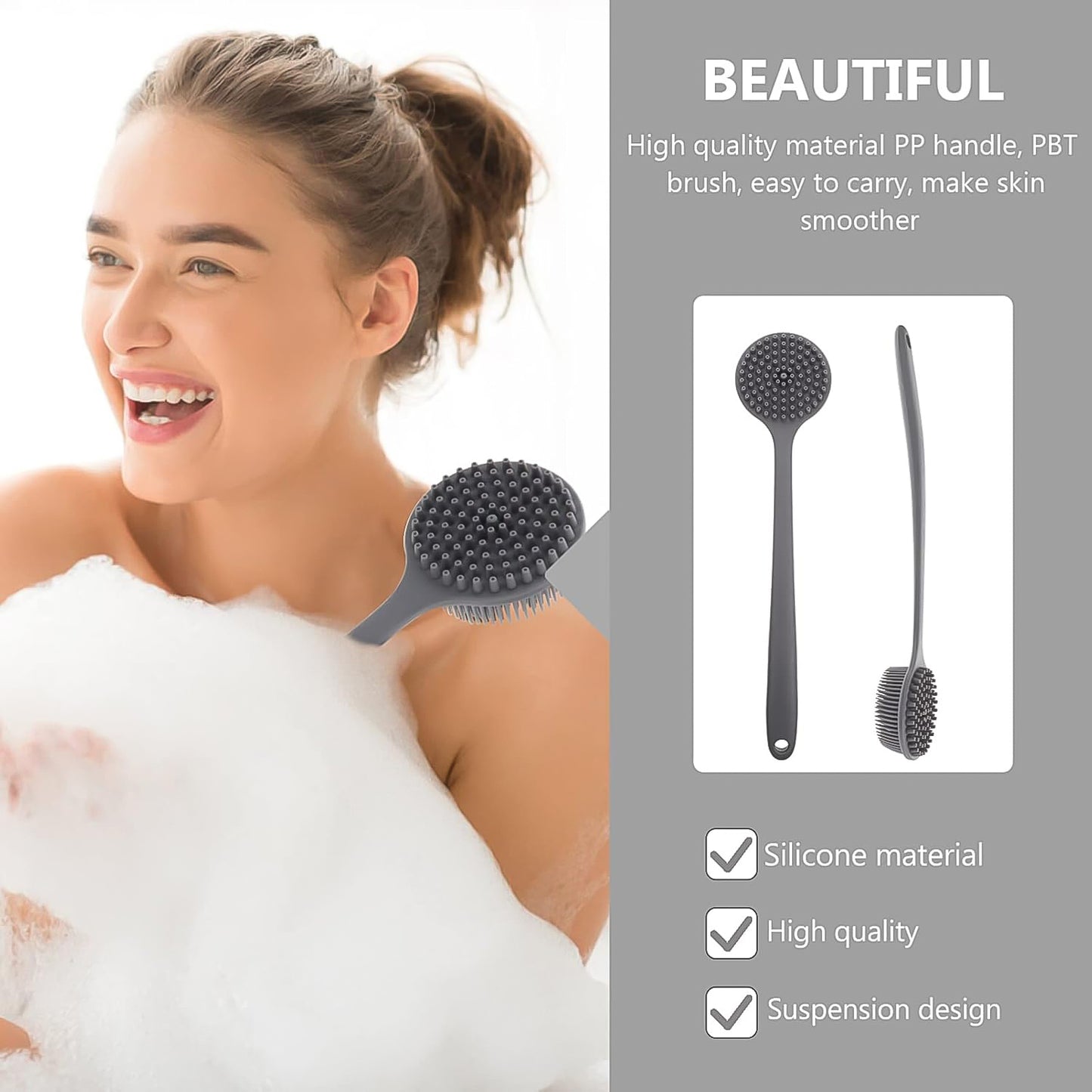 Silicone back scrubber brush with long handle by Wukusy, designed for easy back cleansing and exfoliation in health and beauty care.