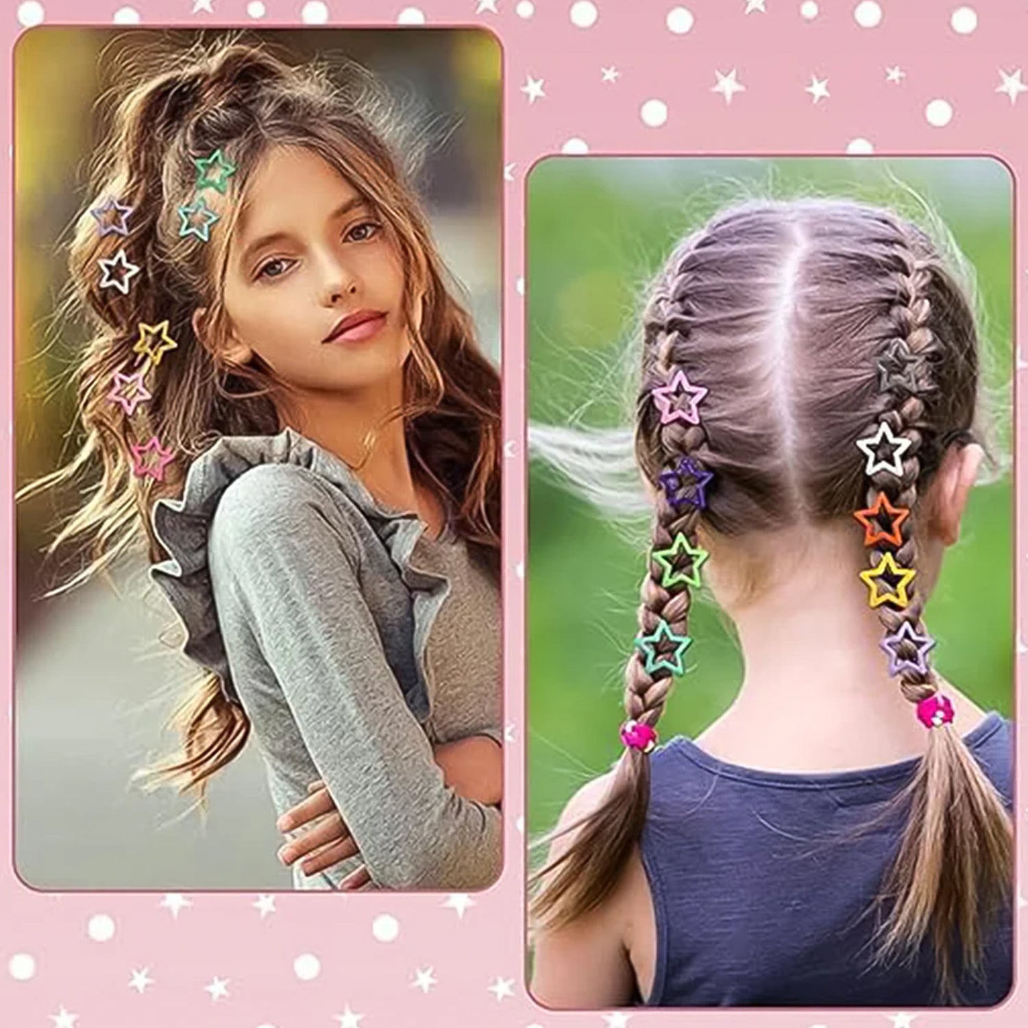 Set of three star-shaped hair clips for girls by Wukusy, colorful and perfect for securing hair in a stylish way.