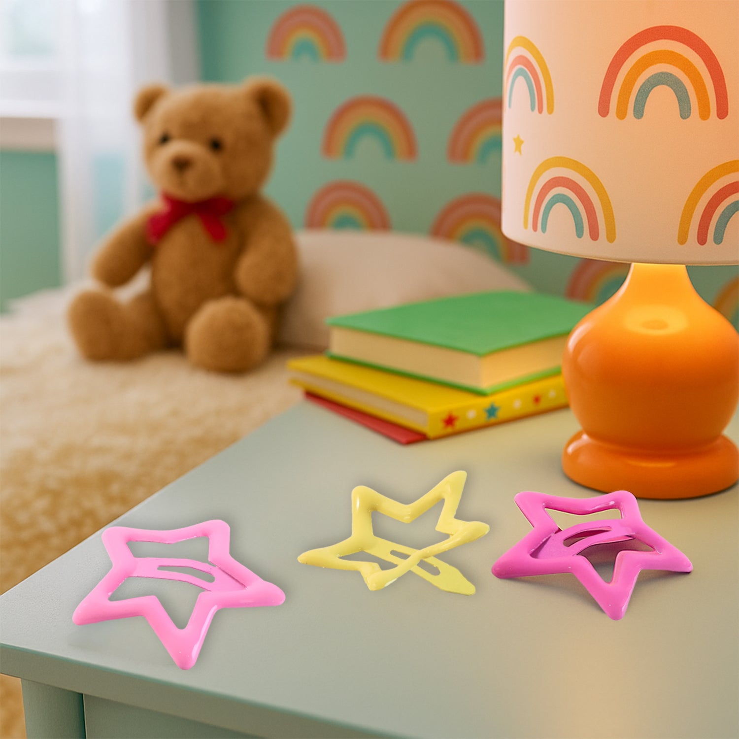 Set of three star-shaped hair clips for girls by Wukusy, colorful hair accessories for kids' hair styling.