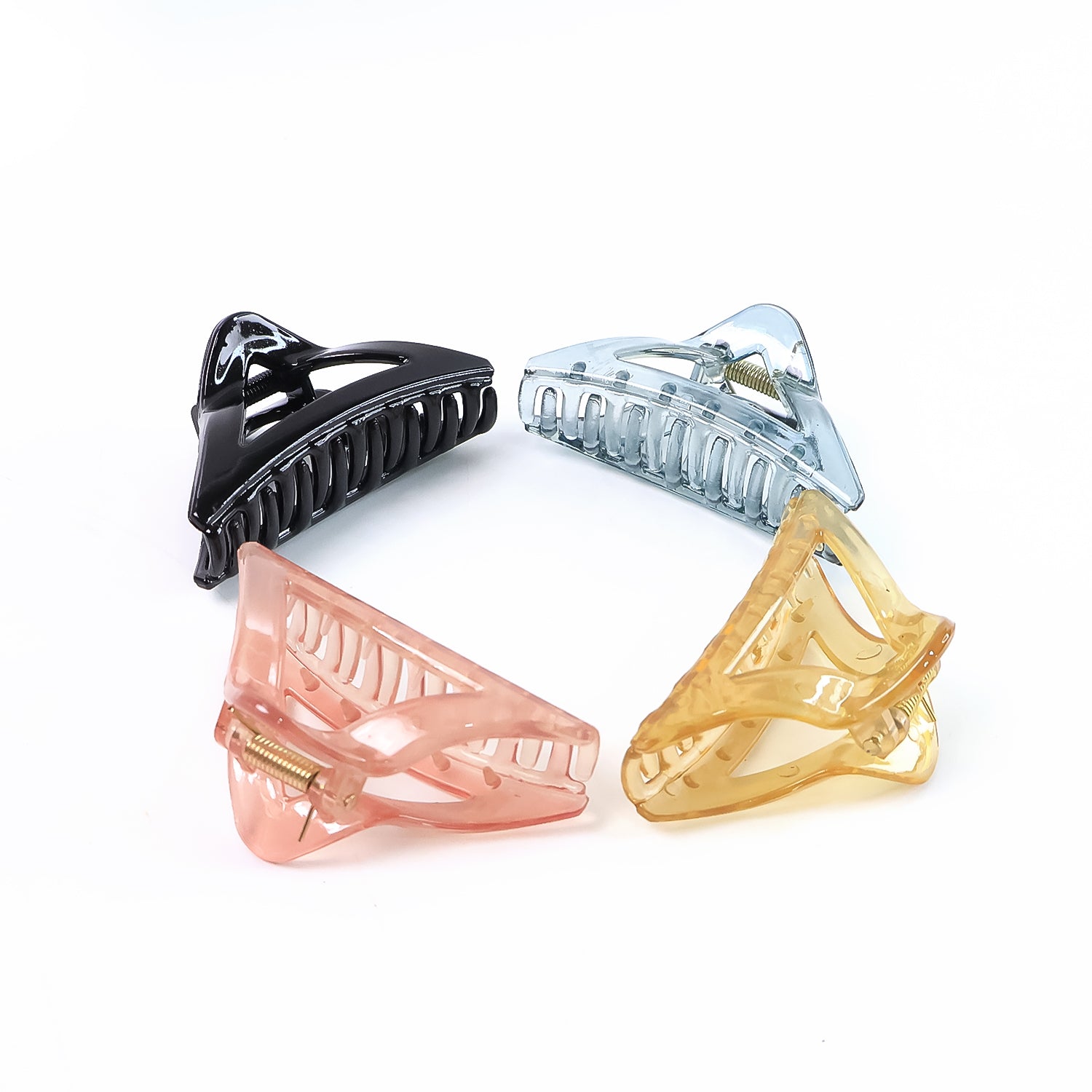 Set of 12 colorful triangle-shaped plastic hair claw clips by Wukusy, durable grip for women and girls.