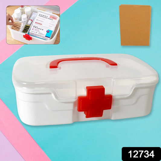 Wukusy medical storage box with transparent lid, handle, detachable tray, for indoor outdoor use, holds medicine and first aid supplies.