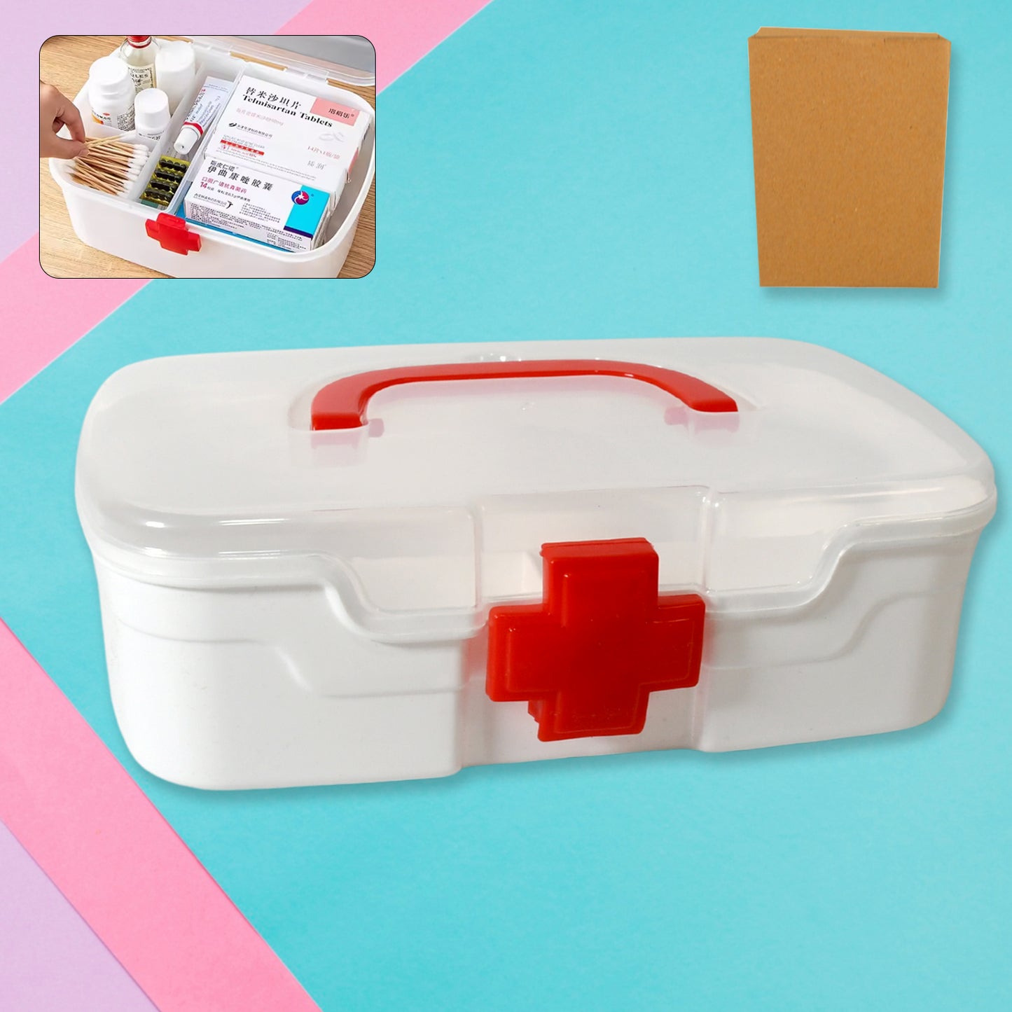 Wukusy medical storage box with transparent lid, handle, detachable tray, for indoor outdoor use, holds medicine and first aid supplies.
