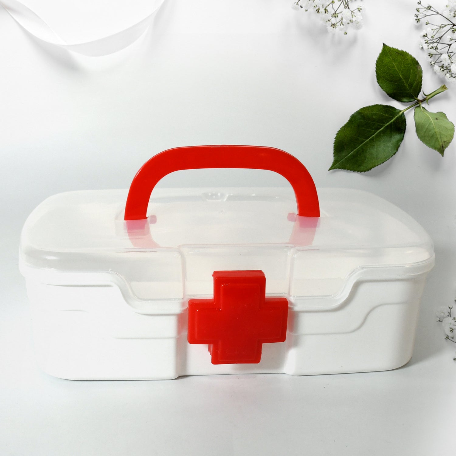 Wukusy medical storage box with transparent lid, handle, detachable tray, for indoor outdoor use, suitable for first aid and medicine storage.